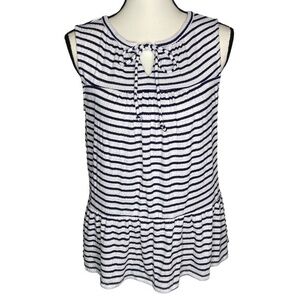 Como Vintage Tank Top Dark Blue and White Striped Keyhole Tie Neck Peplum Size L